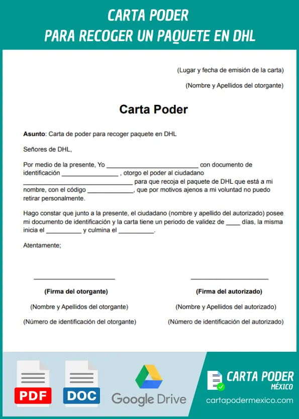 modelo de carta poder para recoger un paquete en DHL ejemplo