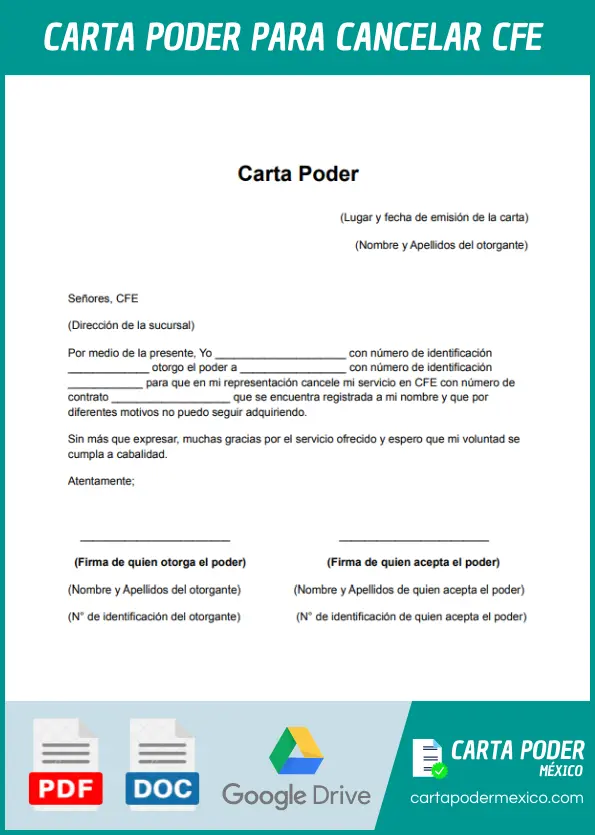 modelo de carta poder para cancelar cfe ejemplo