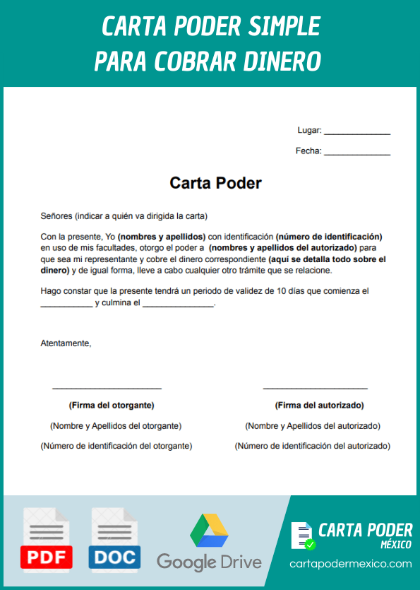 ejemplo de carta poder simple para cobrar dinero